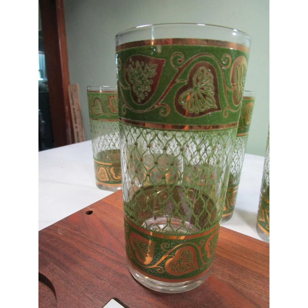 1960s Culver Highball Set, 8 Tumblers, 2 Bowls, Wood Tray, 22k Gold
